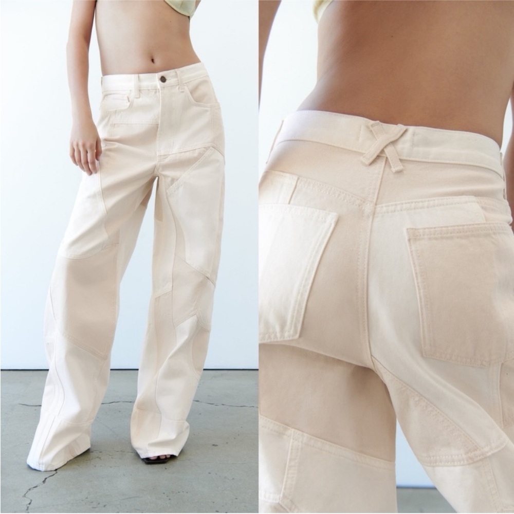 Zara Relaxed Fit Patchwork Jeans WIDE LEG WHITE/BEIGE Size 0 NEW